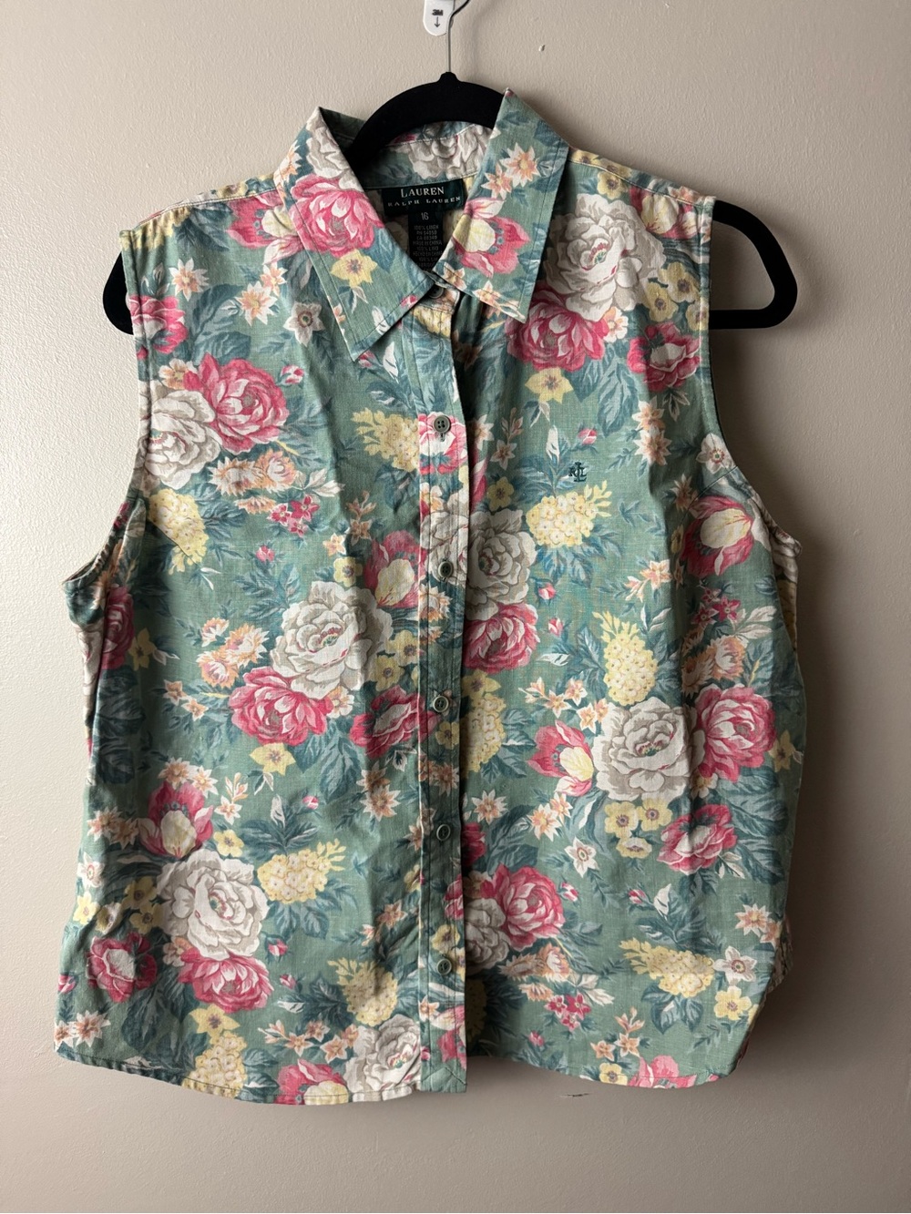 Lauren Ralph Lauren Green Floral Sleeveless Button Down Cotton Top Size 16